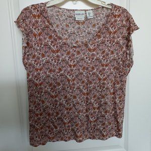 Rachel Zoe Linen Top Shirt Sz L Floral Beige Rust Green EC